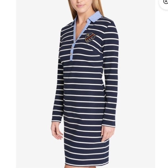 𝅺TOMMY Hilfiger navy/white striped chambray collar crest patch shirt dress - Picture 2 of 11